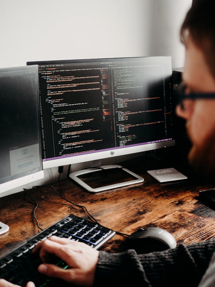 pexels-photo-16129728 Focused software developer at desk coding with multiple monitors in a modern workspace.